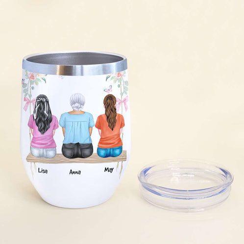 Mother & 2 Daughters - Personalized Wine Tumbler - MOM Thanks For Being There Every Time - Sitting Side By Side - Wine Tumbler - GoDuckee