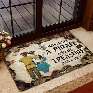 Personalized Pirate Couple Doormat - Here Lives A Pirate And His Treasure - Vintage Coin Theme - Doormat - GoDuckee