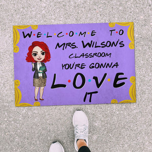 Personalized Teacher Dolls - Classroom Welcome Mat - You're Gonna Love It - Purple Friends Door - Doormat - GoDuckee