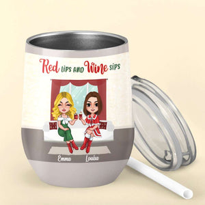Red Lips And Wine Sips, Personalized Wine Tumbler Christmas Gift For Besties - Wine Tumbler - GoDuckee