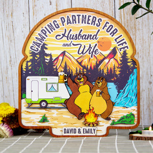 Camping Partner For Life Husband And Wife Personalized Camping Couple Layered Wood Sign Stand - Wood Sign - GoDuckee