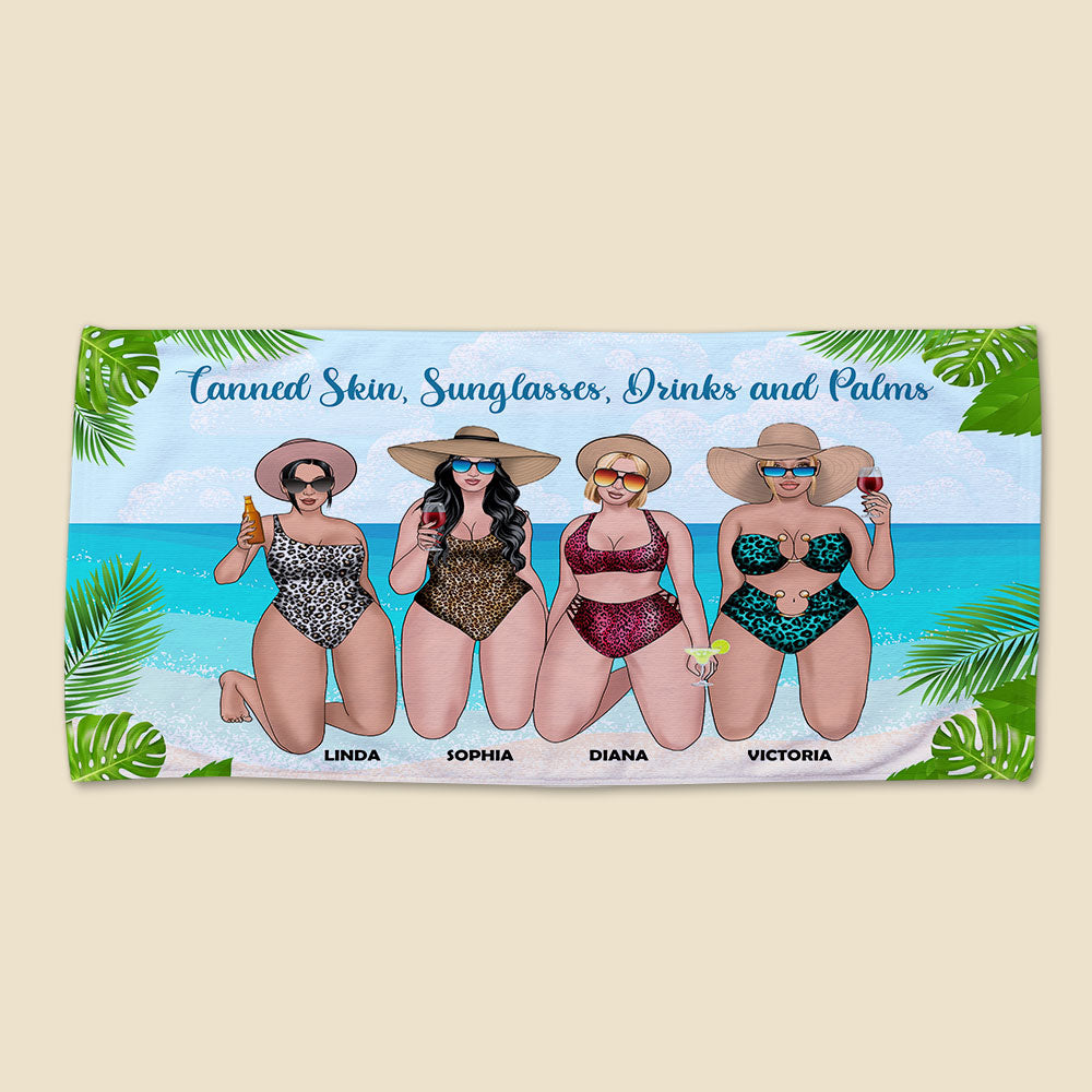 Tanned Skin, Sunglasses, Drinks - Personalized Beach Towel - Gift For Salty Sisters, Best Friend, Girls Trip - Leopard Pattern - Beach Towel - GoDuckee