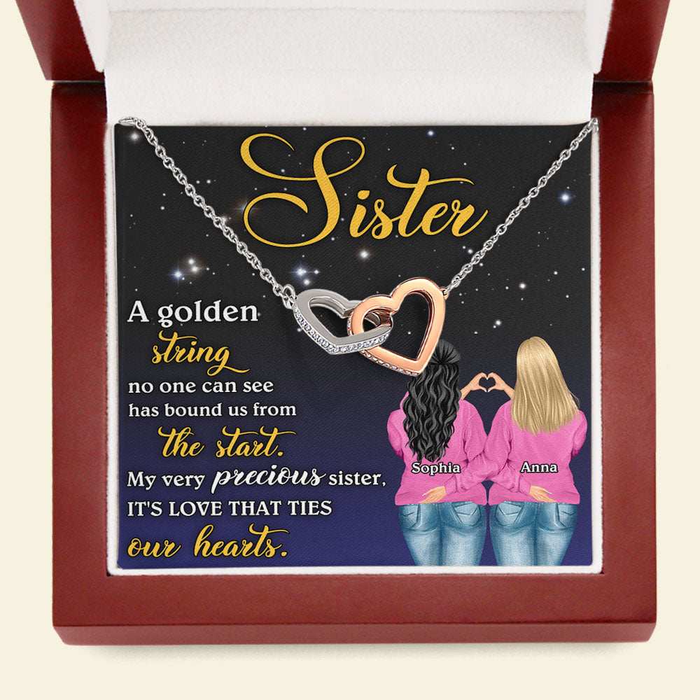 Personalized Unbiological Sister Interlocking Hearts Necklace - Golden String No One Can See Message Card - Jewelry - GoDuckee
