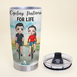 Personalized Cycling Couple Tumbler - Cycling Partners For Life - Tumbler Cup - GoDuckee