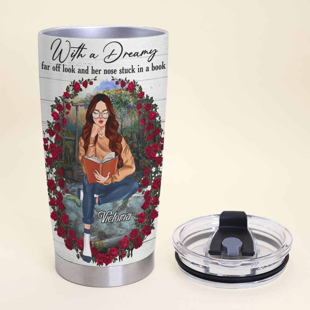 Personalized Reading Girl Tumbler - Custom Book Titles With A Dreamy Far Off Look And Her Nose Stuck In A Book - Tumbler Cup - GoDuckee