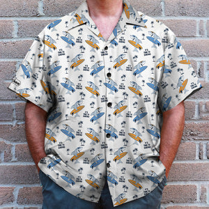 Surfing Hawaiian Shirt - Surfing Shark & Palm Trees Pattern - Hawaiian Shirts - GoDuckee