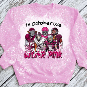 Breast Cancer Horror Football Team, In October We Wear Pink Bleached Long Sleeve T-shirt - Shirts - GoDuckee