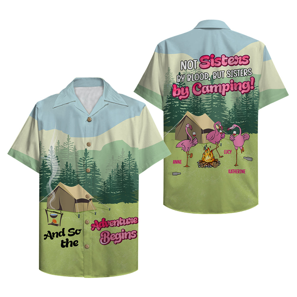 Personalized Camping Flamingos Hawaiian Shirt - Not sisters by blood - Hawaiian Shirts - GoDuckee