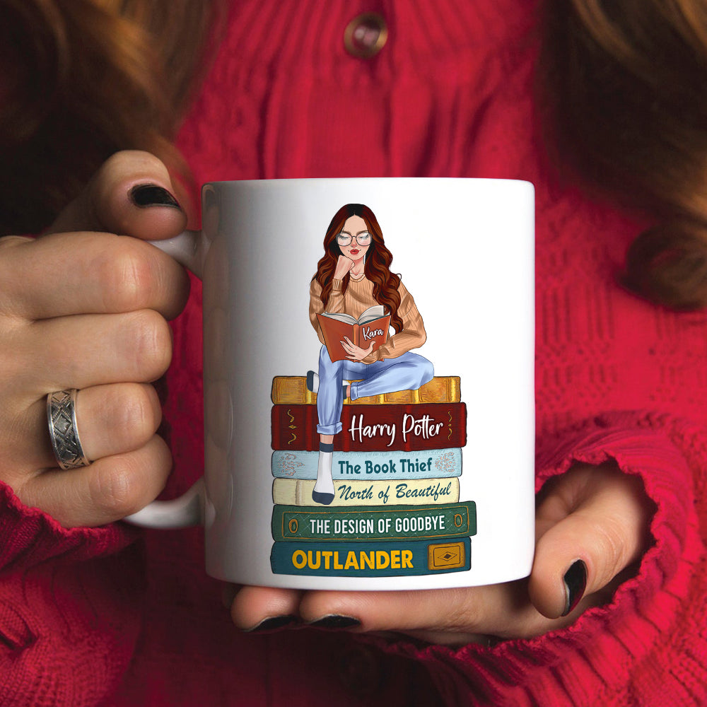 Reading Girl Sitting On Bookstack, Personalized White Mug - Coffee Mug - GoDuckee