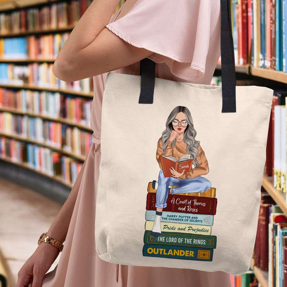 Book Girl Girl Reading On Bookstack, Personalized Tote Bag - Tote Bag - GoDuckee