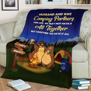 Personalized Drinking Bear Couple Blanket - Husband And Wife, Camping Partner For Life - Blanket - GoDuckee