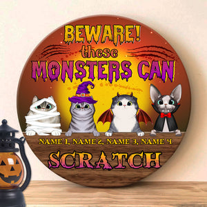Personalized Gifts Ideas For Cat Lover Beware These Monsters Can Scratch - Custom Round Wooden Sign - Wood Sign - GoDuckee