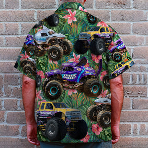 Monster Truck Hawaiian Shirt - Custom Car Photo - Floral Pattern - Hawaiian Shirts - GoDuckee