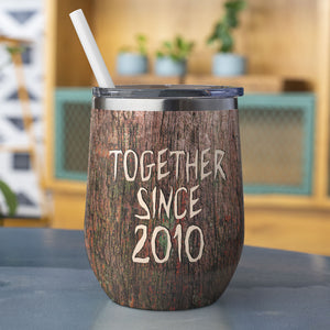 Valentine Wine Tumbler - Custom Couple's Name & Year - Together Since - Heart Carved In Tree Theme - Wine Tumbler - GoDuckee