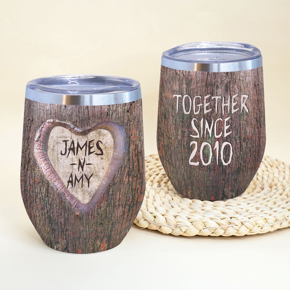 Valentine Wine Tumbler - Custom Couple's Name & Year - Together Since - Heart Carved In Tree Theme - Wine Tumbler - GoDuckee