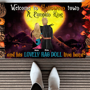 Personalized Horror Couple Welcome Mat - Pumpkin King & His Lovely Rag Doll Live Here - Doormat - GoDuckee