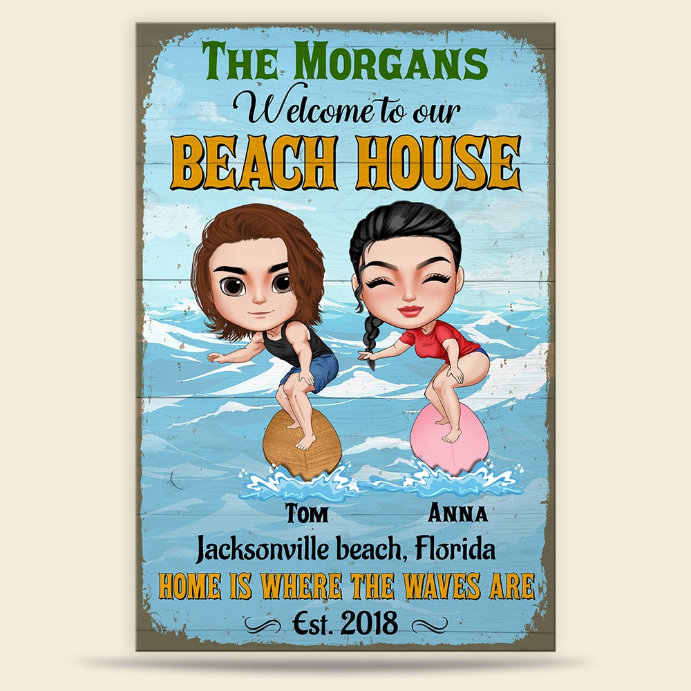Welcome To Our Beach House Personalized Surfing Couple Metal Sign Gift For Couple - Metal Wall Art - GoDuckee
