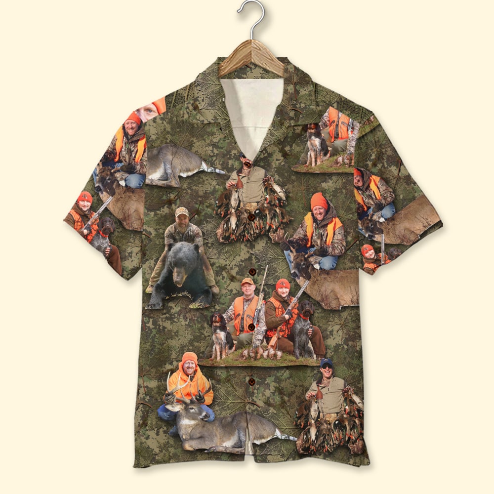 Custom Hunting Photo Hawaiian Shirt, Dry Leaves Pattern - Hawaiian Shirts - GoDuckee