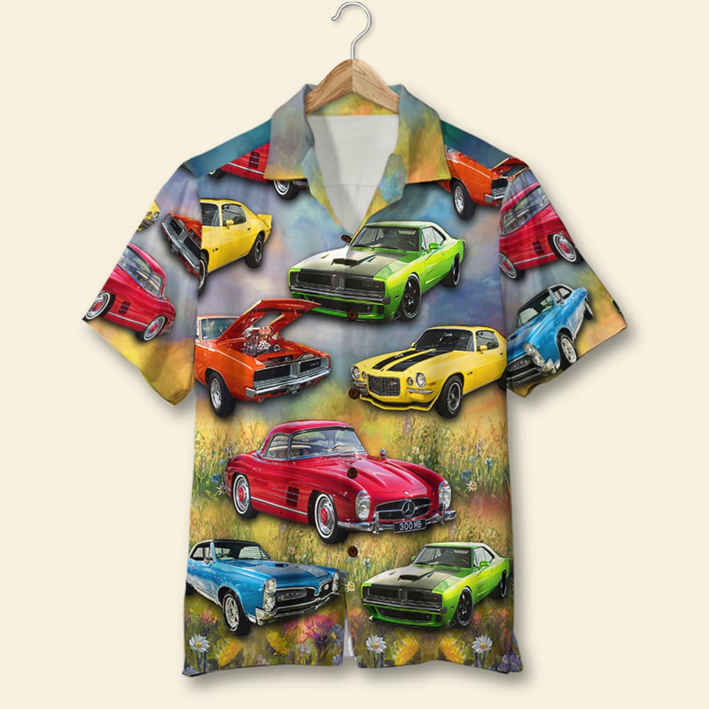 Custom Muscle Car Photo Hawaiian Shirt, Flower Field Pattern - Hawaiian Shirts - GoDuckee
