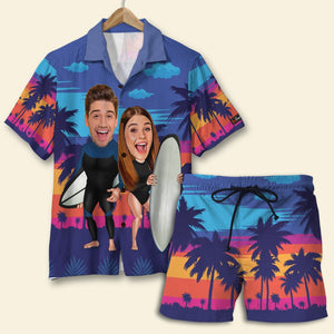 Custom Surfing Couple Hawaiian Shirt and Men Beach Shorts, Sunset Pattern - Hawaiian Shirts - GoDuckee