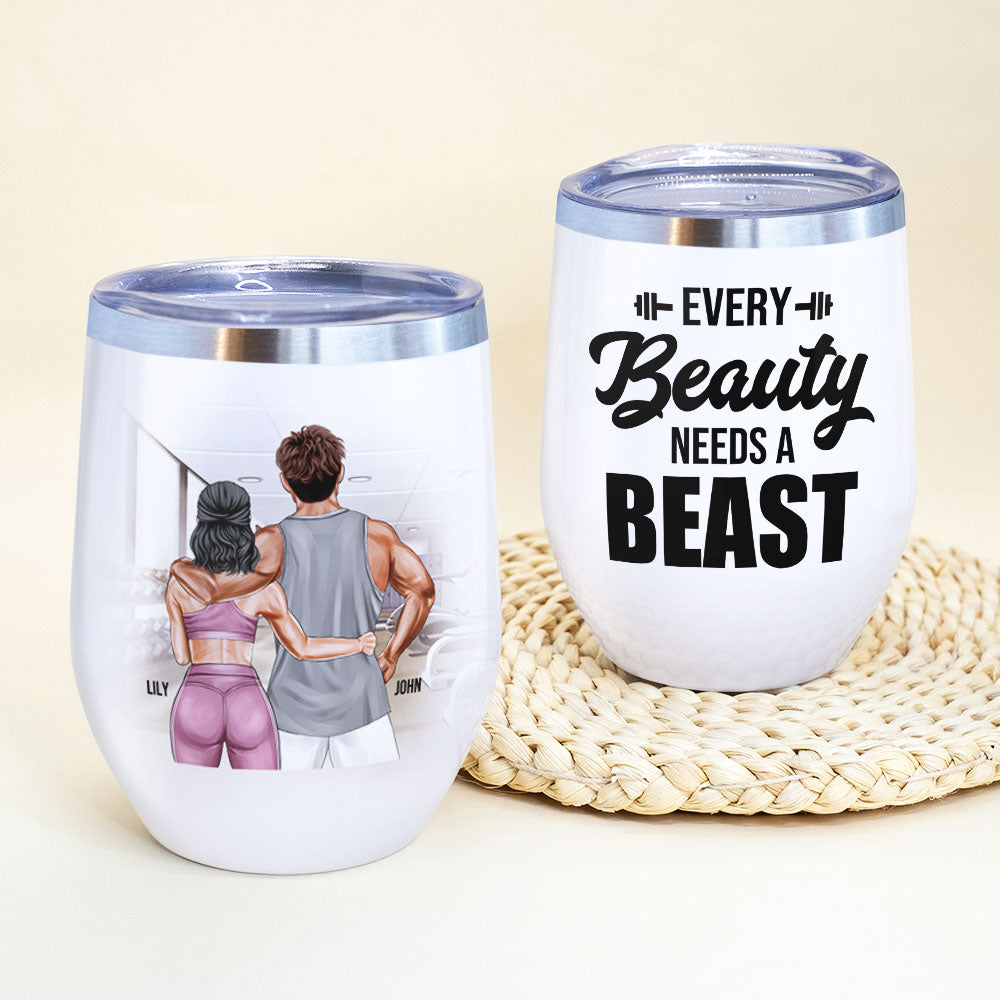Personalized Gym Couple Wine Tumbler - Every Beauty Needs A Beast - Wine Tumbler - GoDuckee