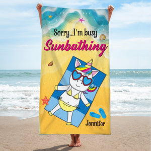 Sorry... I'm A Busy Sunbathing Unicorn - Personalized Beach Towel, Unicorn Beach Towel - Cute Gift For Her - Beach Towel - GoDuckee