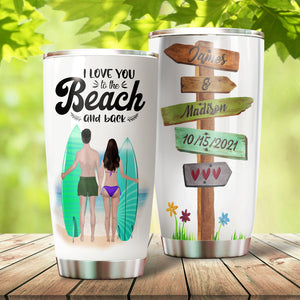 Personalized Surfing Couples Tumbler - I love you to the beach and back - Tumbler Cup - GoDuckee