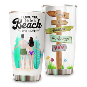 Personalized Surfing Couples Tumbler - I love you to the beach and back - Tumbler Cup - GoDuckee