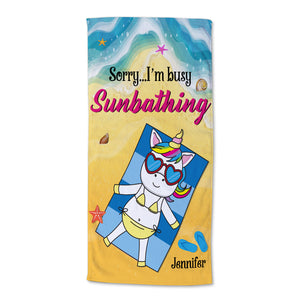 Sorry... I'm A Busy Sunbathing Unicorn - Personalized Beach Towel, Unicorn Beach Towel - Cute Gift For Her - Beach Towel - GoDuckee