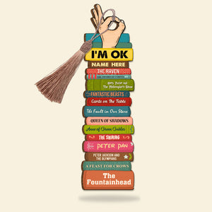 Book I'm OK Bookstack - Personalized Wooden Bookmark - Gift for Book Lovers - Bookmarks - GoDuckee