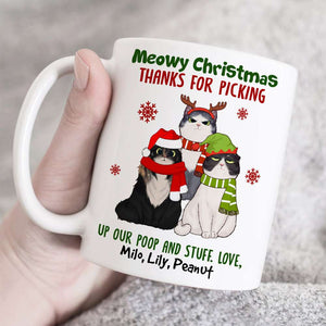 Meowy Christmas Thanks For Picking Up Our Stuff, Personalized Cat Christmas Mug, Christmas Gift - Coffee Mug - GoDuckee