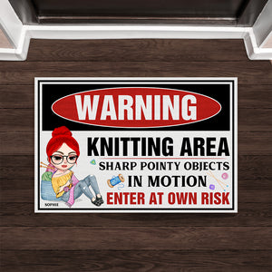 Warning Knitting Area Enter At Own Risk Personalized Knitting Doormat - Doormat - GoDuckee