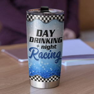 Personalized Racing Tumbler - Day Drinking Night Racing - Blue Checkered Pattern - Tumbler Cup - GoDuckee