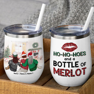 Personalized Sweater Girls Wine Tumbler - Ho Ho Hoes and a Bottle of Merlot - Christmas Theme - Wine Tumbler - GoDuckee