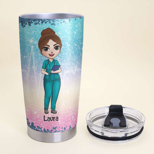 Personalized Nurse Dolls Tumbler - Two Titles Mom And Nurse - Chibi Nurse Front View - Tumbler Cup - GoDuckee