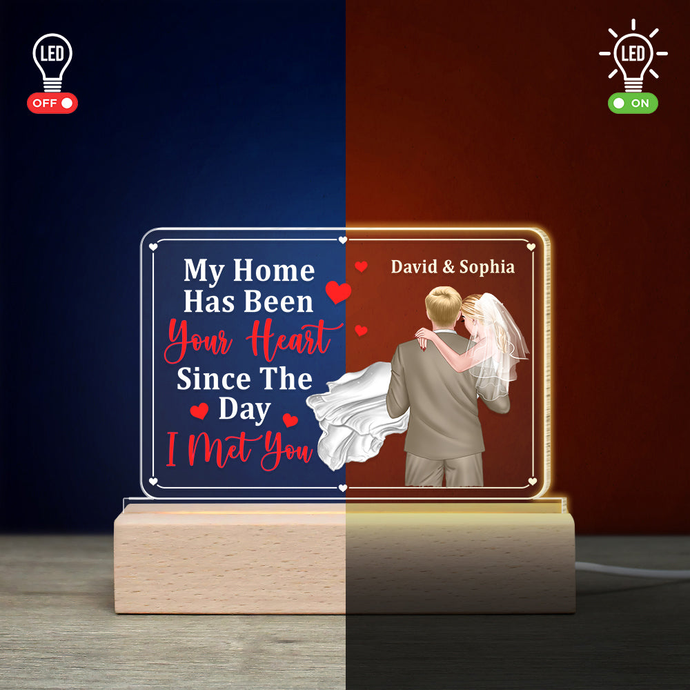 Newly Wedding Couple Led Light My Home Has Been Your Heart, Gift For Husband, Personalized 3D Led Light Wooden Base - Led Night Light - GoDuckee
