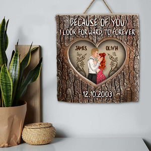 Because Of You - Romantic Couple Wood Sign, Personalized Layered Wood Sign - Anniversary Gift For Couple - Wood Sign - GoDuckee