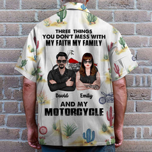 Personalized Biker Couple Hawaiian Shirt - Three Things You Don't Mess With - Cactus Pattern - Hawaiian Shirts - GoDuckee