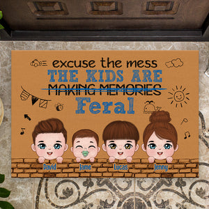 Excuse The Mess The Kids Are Feral, Personalized Door Mat, Gift For Family, Mother's Day Gift, Chibi Little Kids - Doormat - GoDuckee