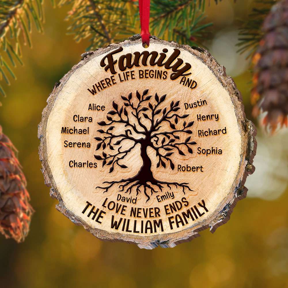 Where Life Begins And Love Never Ends, Personalized Family Tree Wood Ornament - Ornament - GoDuckee