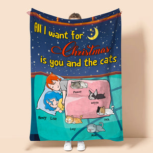 Personalized Cartoon Sleeping Couple & Cat Breeds Blanket - All I Want For Christmas Is You And The Cats - Blanket - GoDuckee