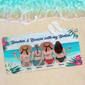 Beachin' And Boozin' With My Besties - Personalized Beach Towel - Gifts For Big Sister, Girls Trip - Sunbathing Girls - Beach Towel - GoDuckee
