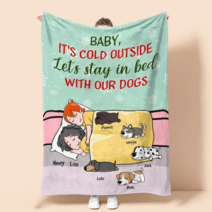 Personalized Cartoon Sleeping Couple & Dog Breeds Blanket - It's Cold Outside - Blanket - GoDuckee