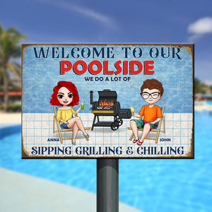 Personalized Pool Metal Sign Couple Relaxing At Swimming Pool - Metal Wall Art - GoDuckee