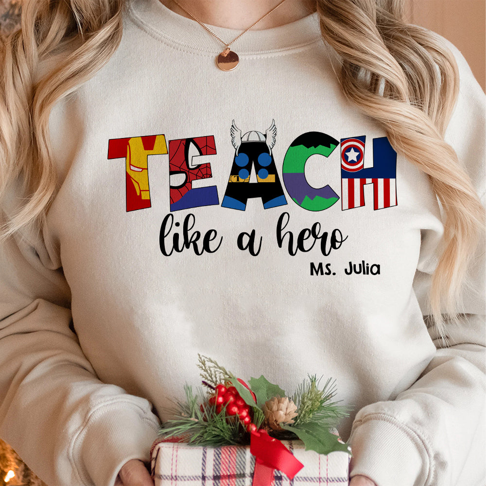 Christmas Teacher Personalized Shirt - Teach Like A Hero - Custom Letter - Shirts - GoDuckee