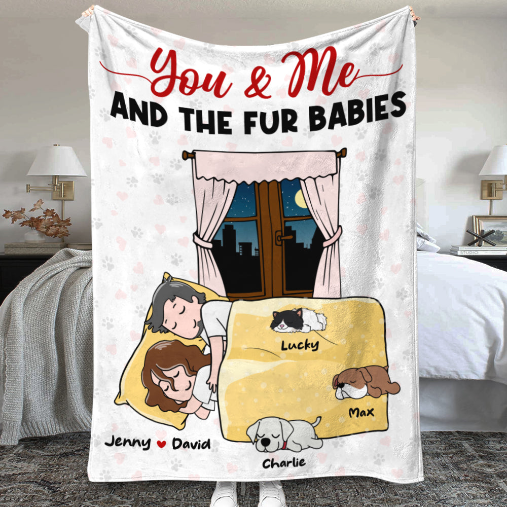 You & Me And Fur Babies, Personalized Cartoon Sleeping Couple & Cat, Dog Breeds Blanket - Blanket - GoDuckee