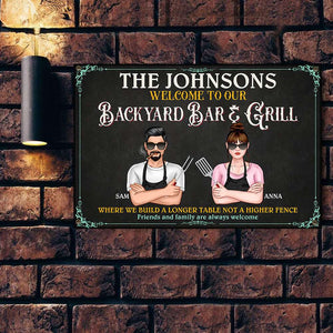 Welcome To Our Backyard Bar And Grill Personalized BBQ Grill Metal Sign, Gift For Family - Metal Wall Art - GoDuckee