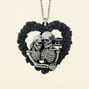 Personalized Skeleton Couple Car Ornament And Keychain, Black Rose Heart Shape - Ornament - GoDuckee