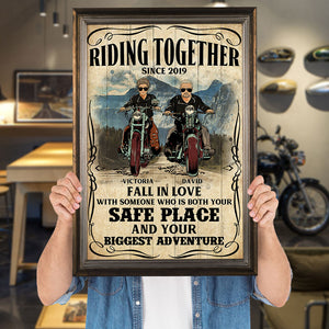 Personalized Couple Biker Poster - Riding Together and Fall In Love - Marriage Chapter - Poster & Canvas - GoDuckee