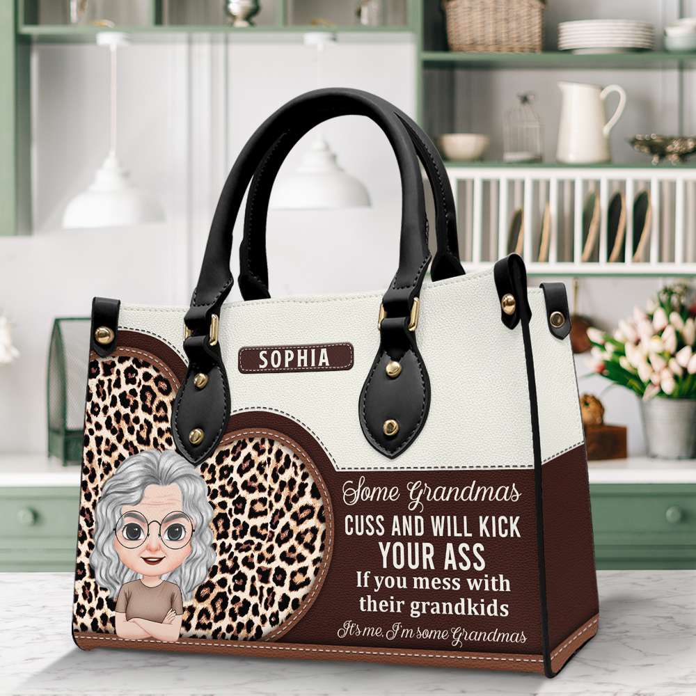 Kick Your Ass If Messing With Their Grandkids, Personalized Leather Bag, Birthday Gift For Grandma - Leather Bag - GoDuckee